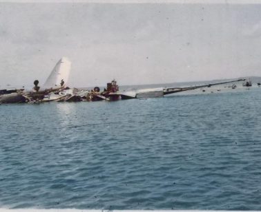 The wreckage of DC3 VH-BBV off Far Beach in Mackay just after the accident in 1954.