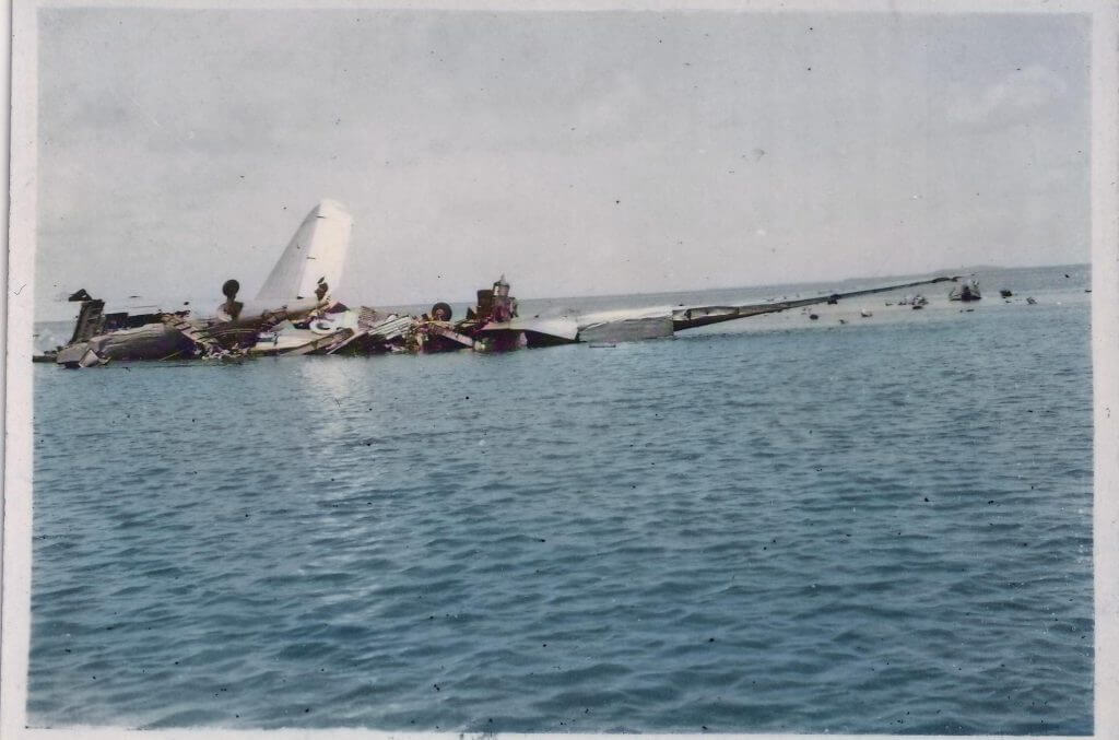 The wreckage of DC3 VH-BBV off Far Beach in Mackay just after the accident in 1954.