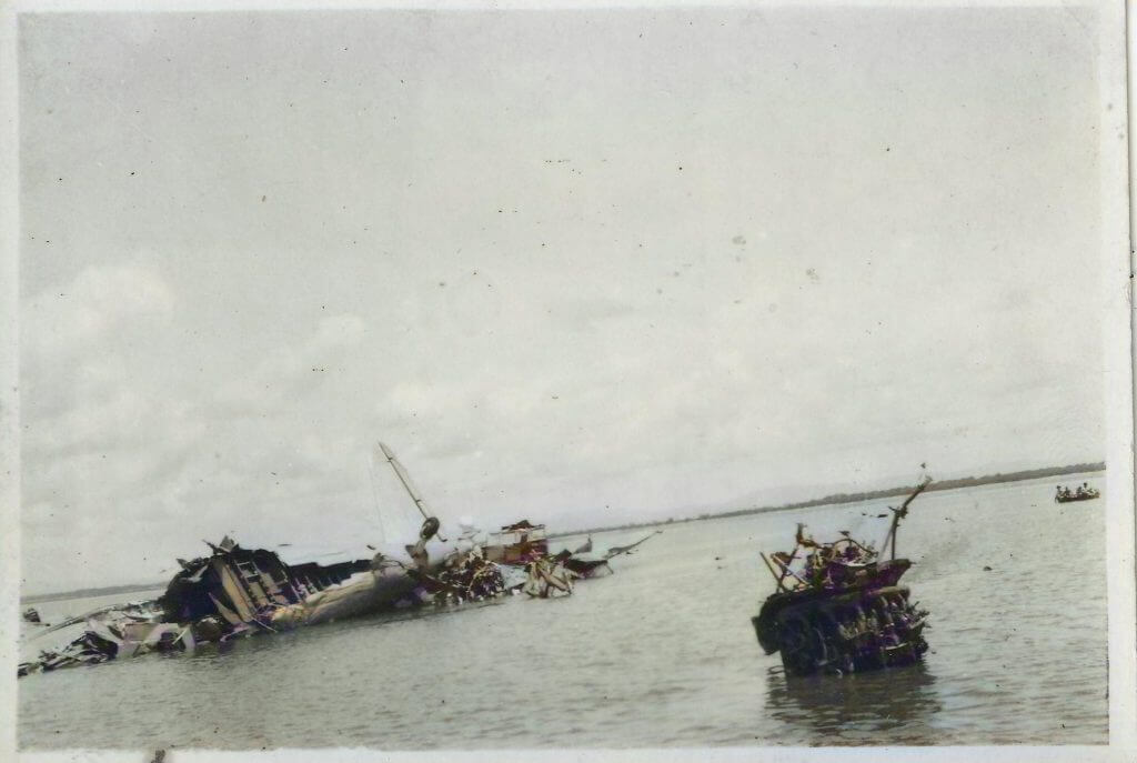 The wreckage of DC3 VH-BBV off Far Beach in Mackay just after the accident in 1954.