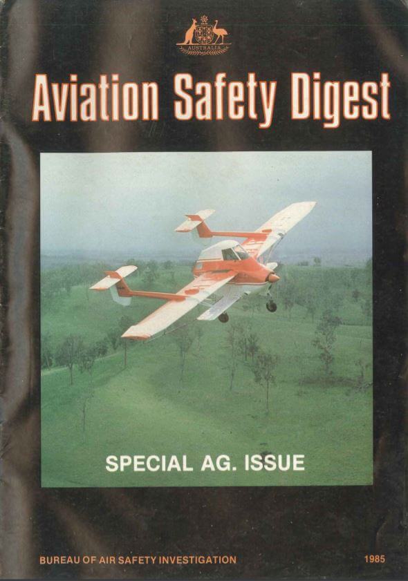 1985 Aviation Safety Digest cover, a special agricultural issue from the Bureau of Air Safety Investigation, featuring an aerial application aircraft.