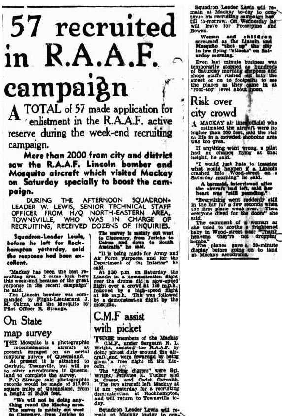 Another article describing the visit of the two aircraft - RAAF Recruiting Visit to Mackay – March 1953